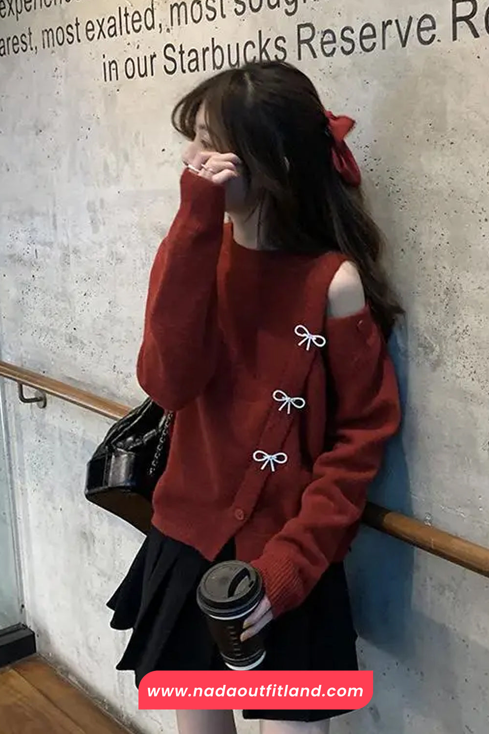 Long Sleeve Off Shoulder Bow Pins Sweater