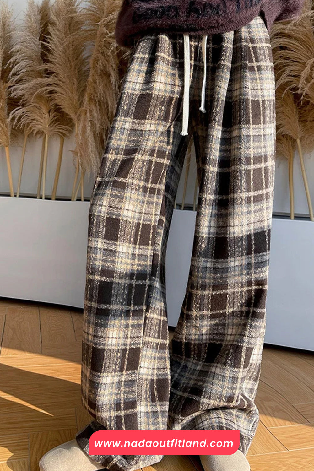 High Waist Retro Thicken Plaid Fleece Long Pants