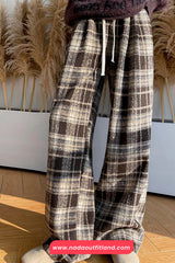 High Waist Retro Thicken Plaid Fleece Long Pants