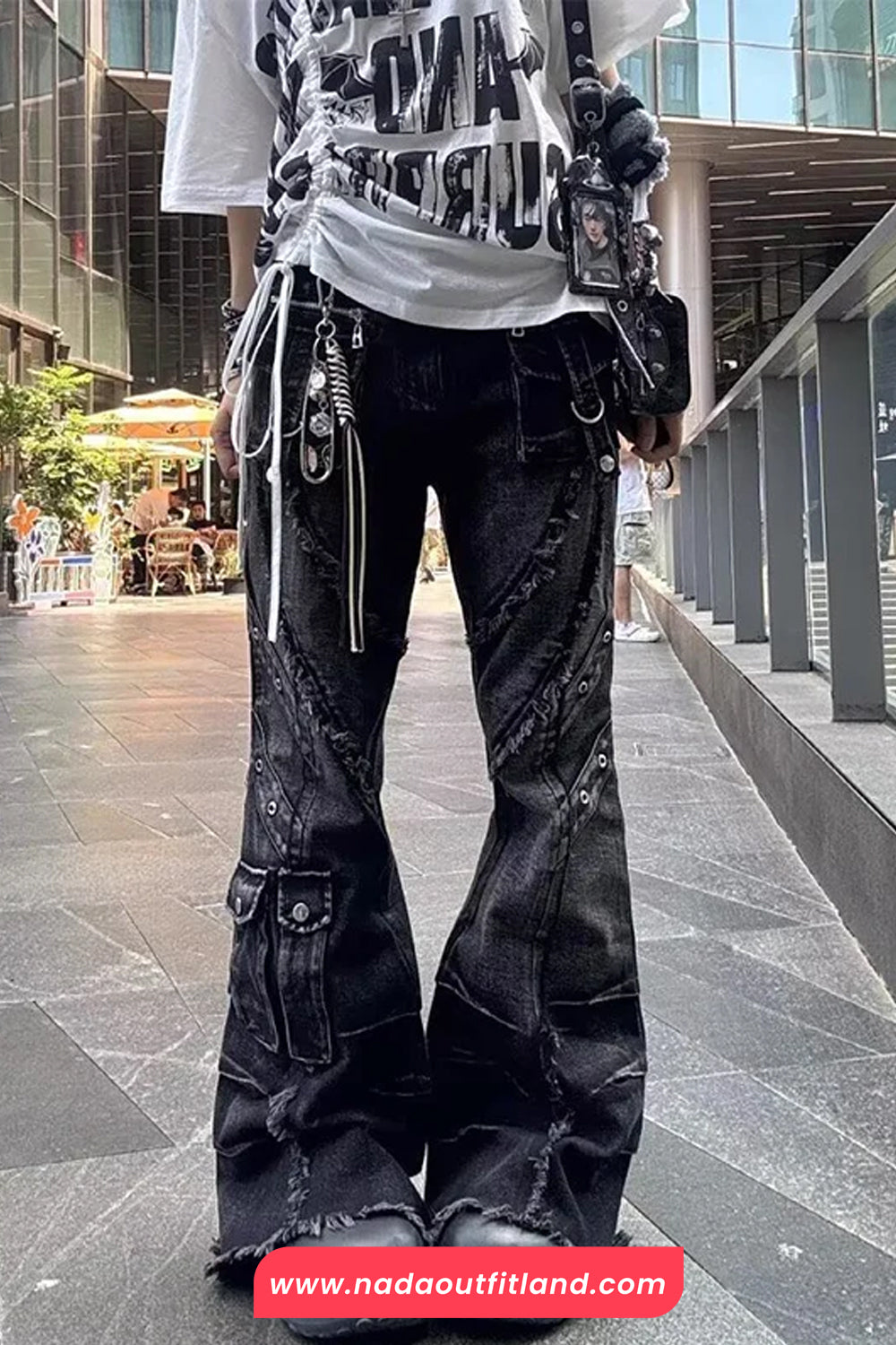 High Waist Black Hip Hop Retro Cargo Pockets Flare Jeans Pants