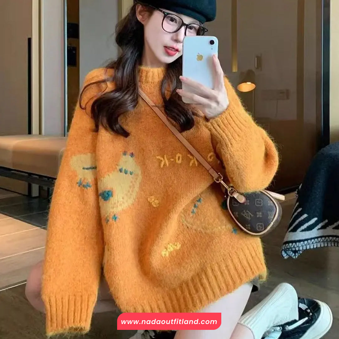 Long Sleeve Cute Chicken Embroidered O-Neck Sweater