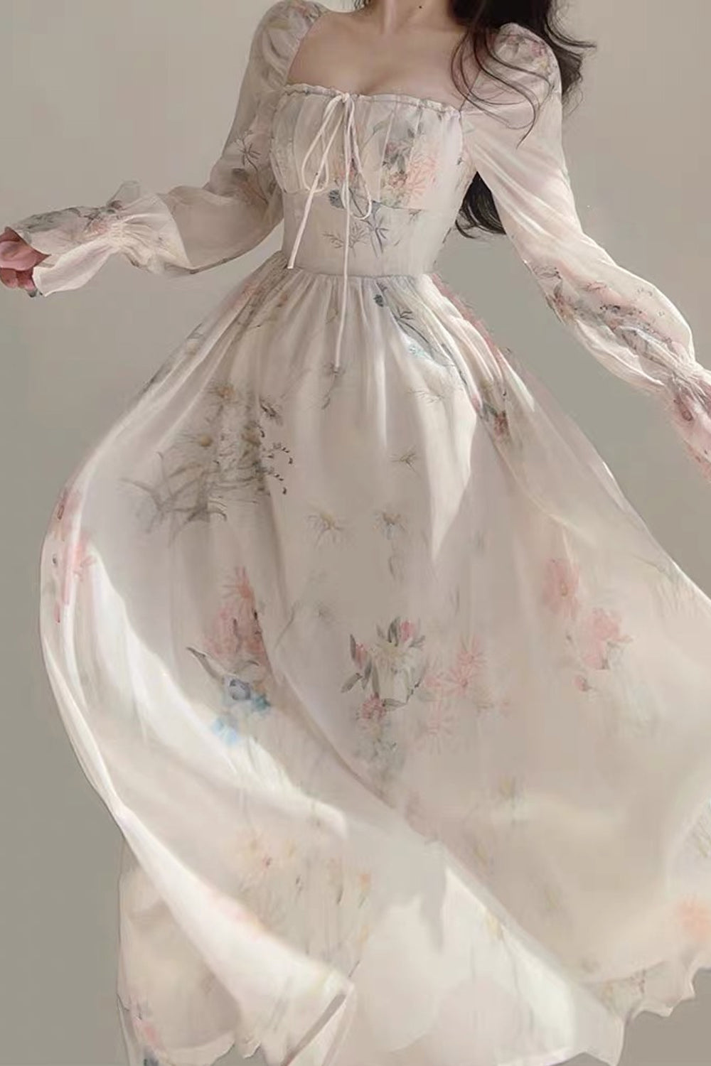 Long Sleeve Retro Floral Pattern Long Dress