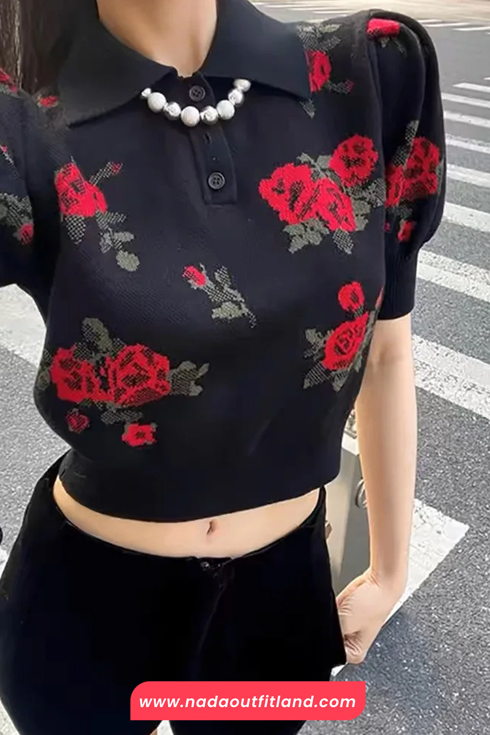 Short Sleeve Red Rose Pattern Knitted Shirt