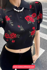 Short Sleeve Red Rose Pattern Knitted Shirt
