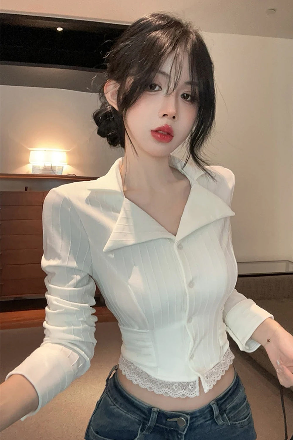 Lapel Collar Lace Patchwork Cropped Back Tie Shirt
