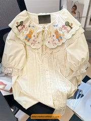 Puff Sleeve Cute Doll Collar Embroidered Lace Blouse Shirt