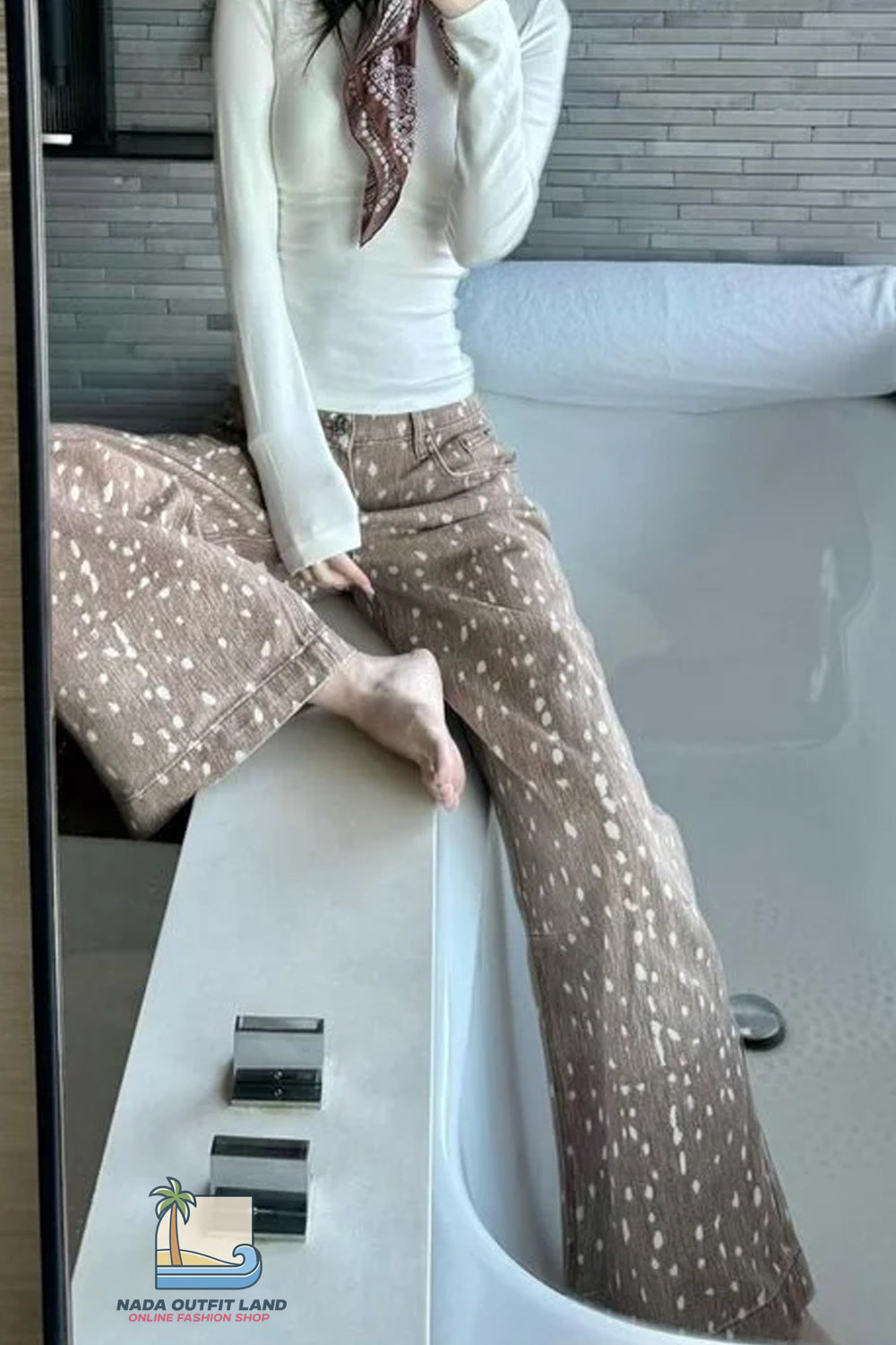 Retro Dots Pattern Khaki Jeans Pants