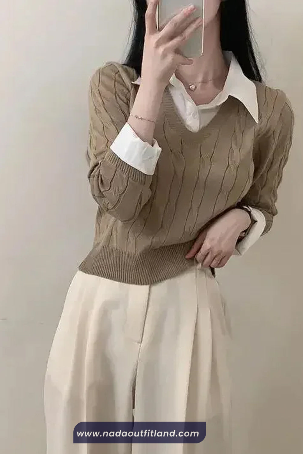 Two Piece Style Collar Shirt V-Neck Sweater