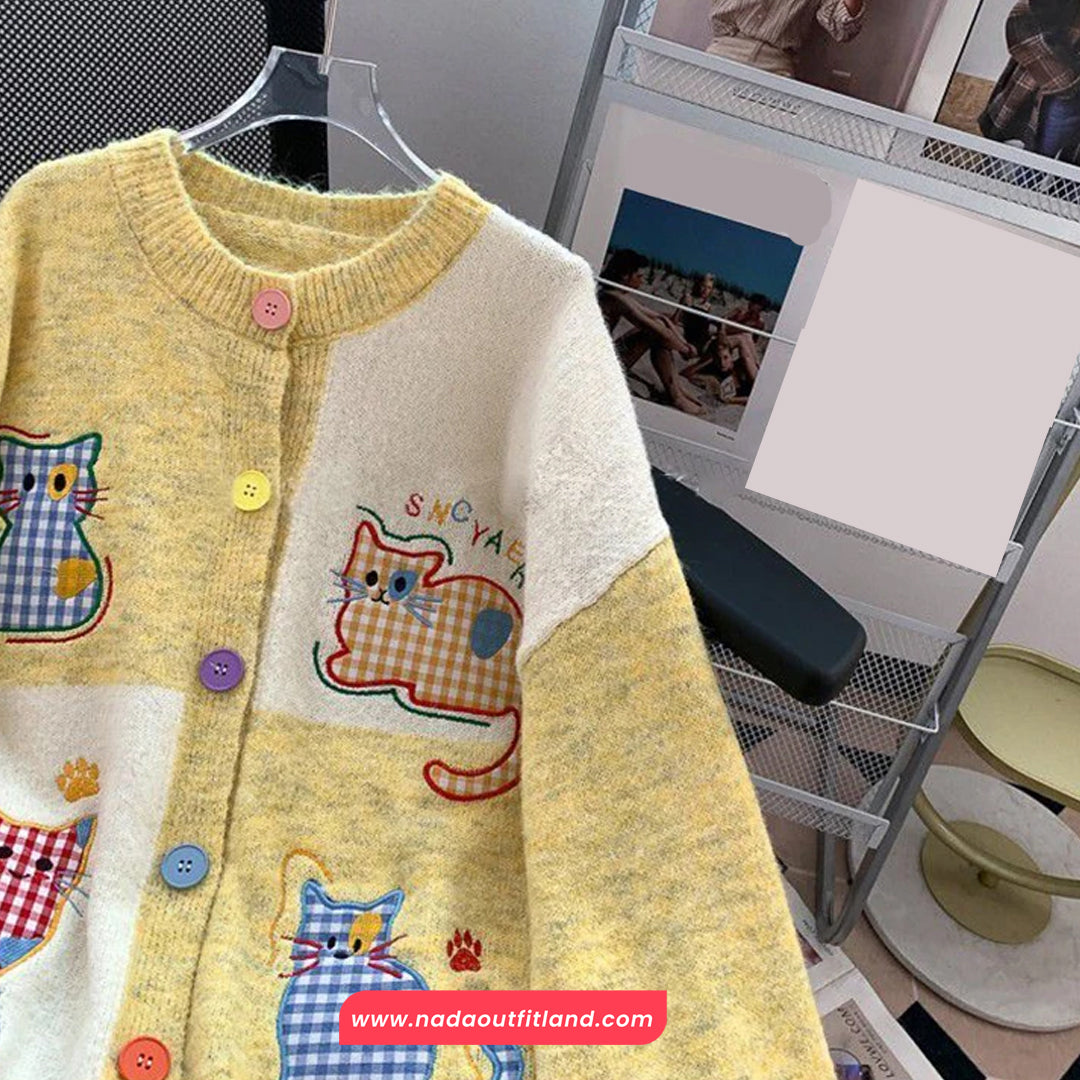 Long Sleeve Cat Embroidered Colorful Button Cardigan Sweater
