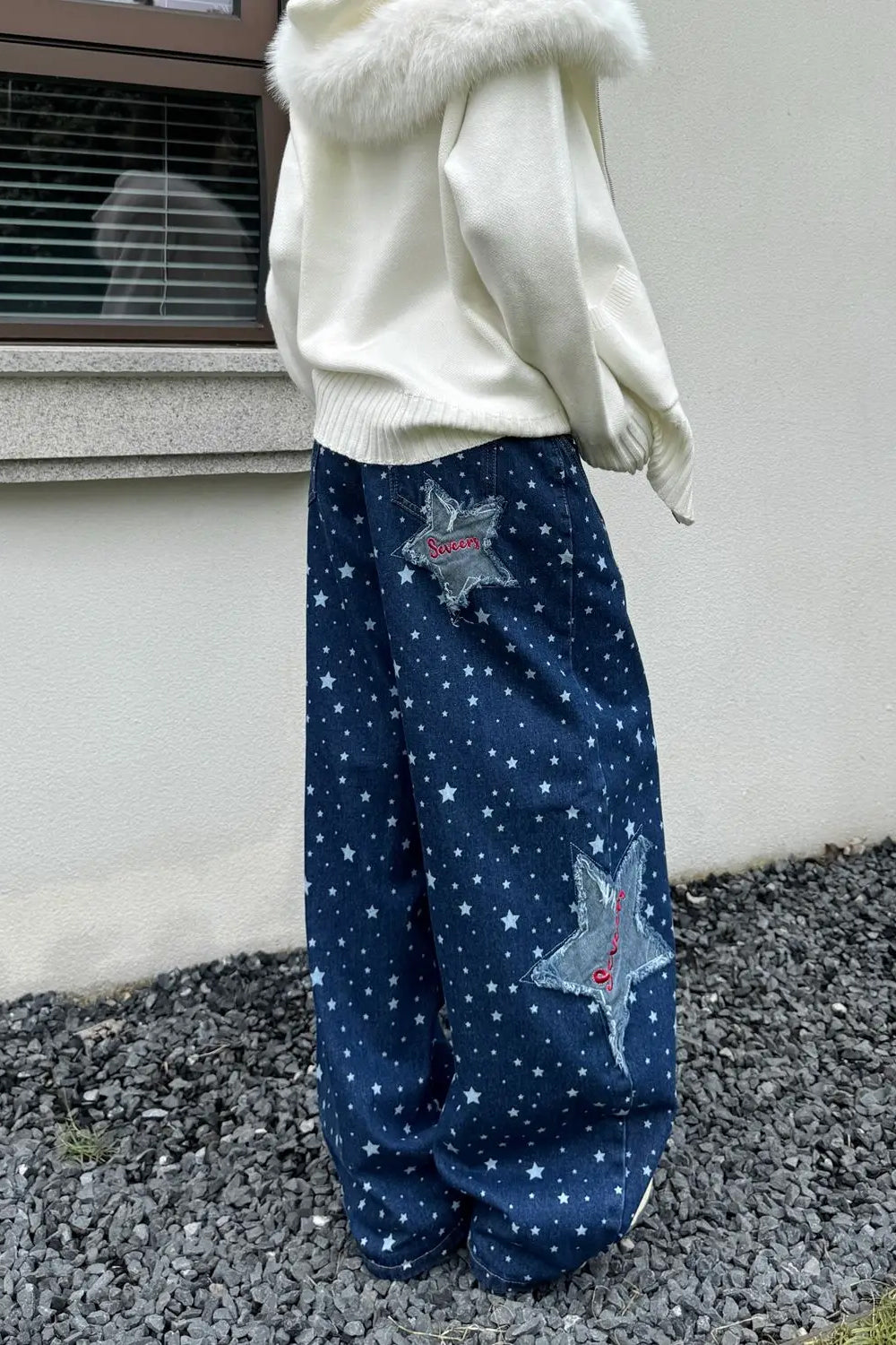 Loose Retro Stars Pattern Patchwork Washed Blue Jeans Pants