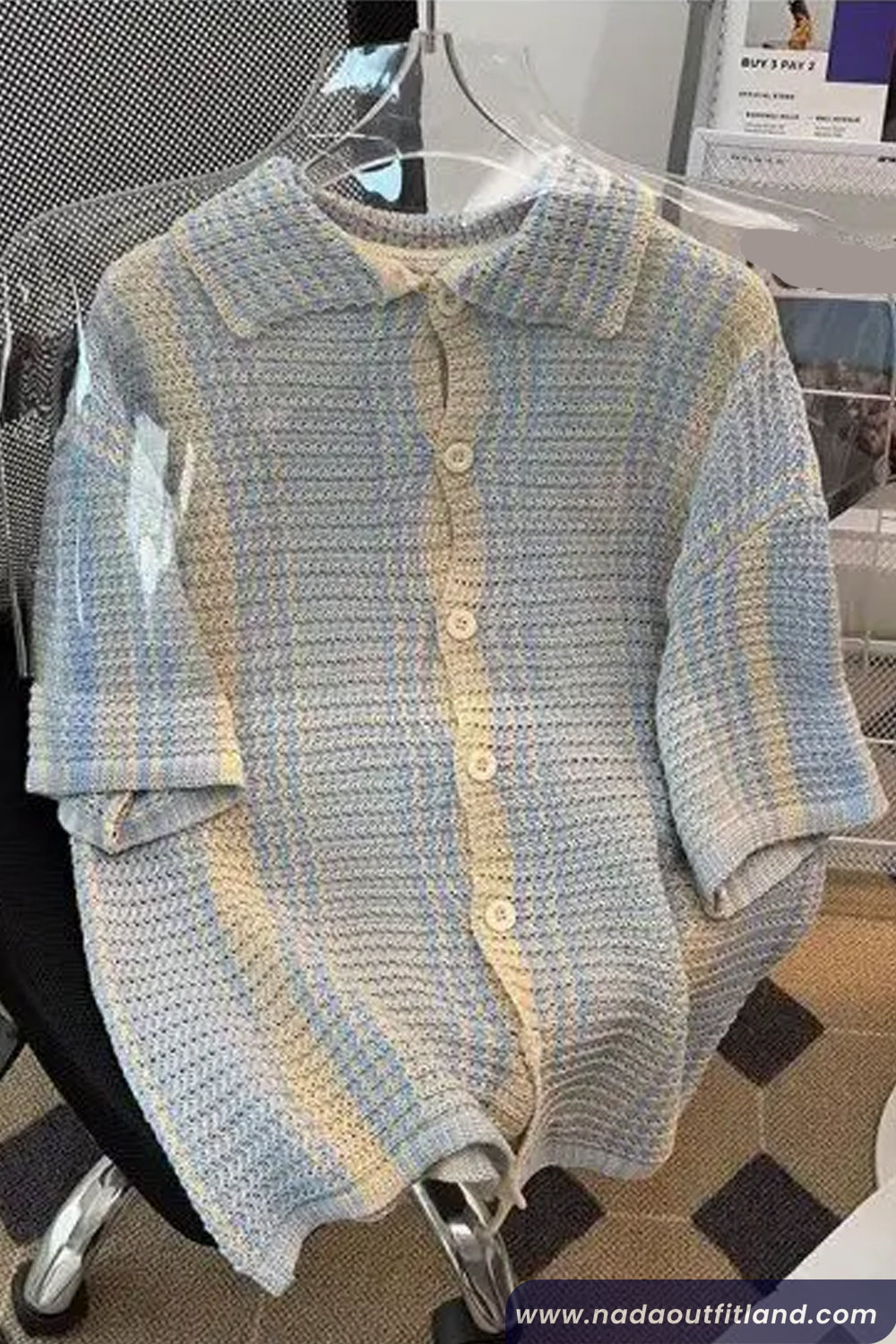 Short Sleeve Turn Down Collar Striped Style Knitted Shirt