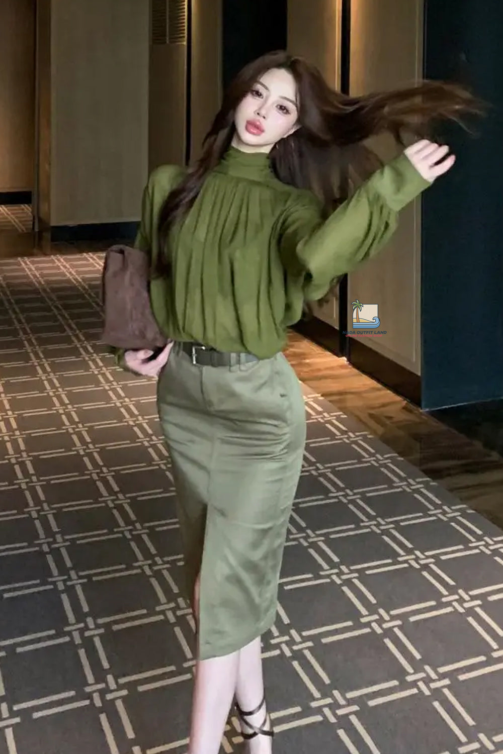 Long Sleeve Sexy Design Green Blouse Shirt