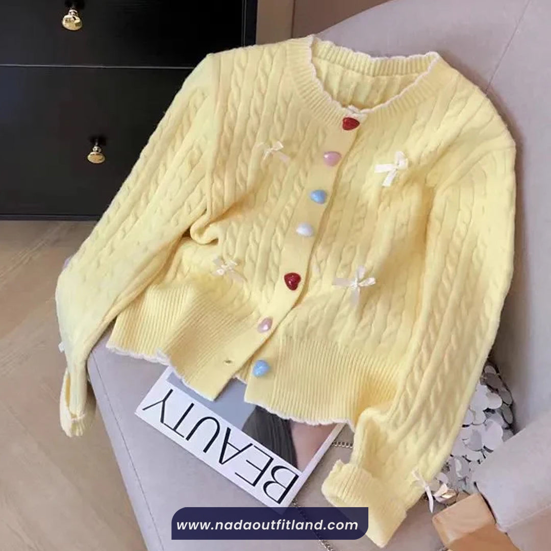 Long Sleeve Bow Patchwork Knitted Cardigan Sweater