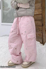 Loose Cargo Pockets Winter Thick Plaid Pants