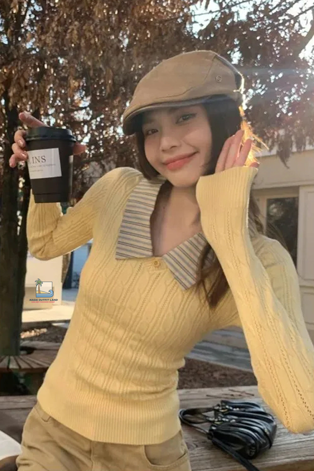 Long Sleeve Lapel Striped Collar Knitted Slim Sweater