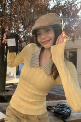 Long Sleeve Lapel Striped Collar Knitted Slim Sweater