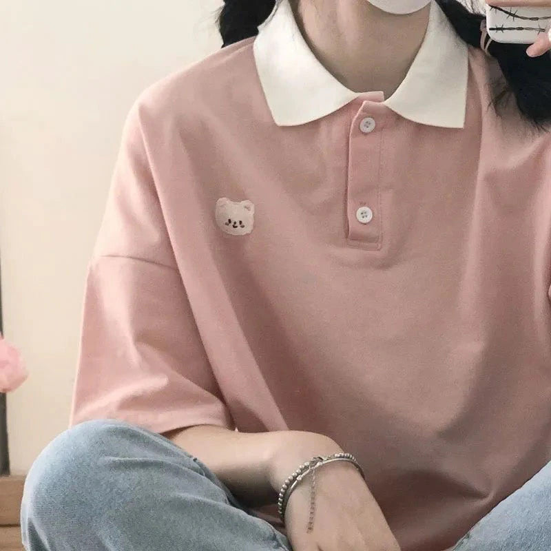 Short Sleeve Bear Embroidery Collar Shirts