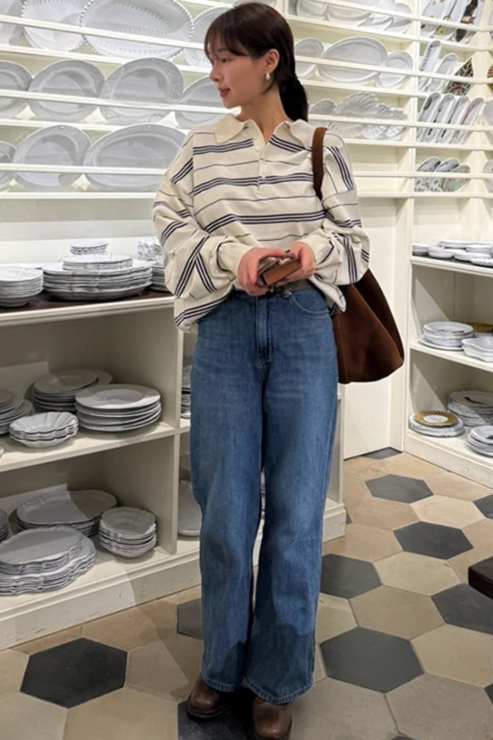 Long Sleeve Turn Down Collar Striped Sweater