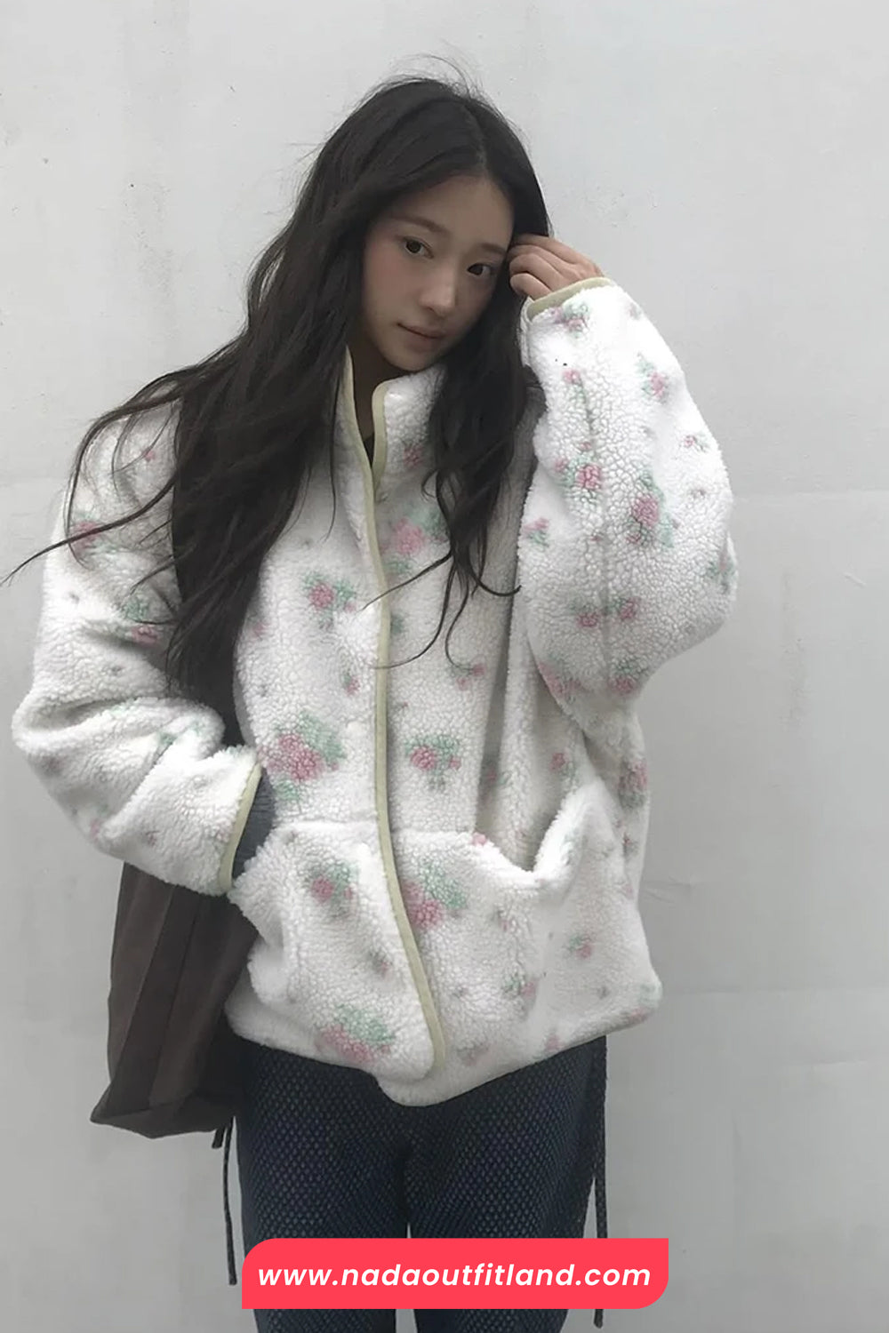 Long Sleeve Floral Pattern Fluffy Coat Jacket