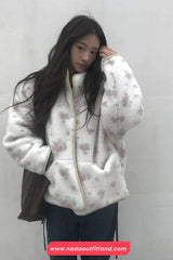 Long Sleeve Floral Pattern Fluffy Coat Jacket