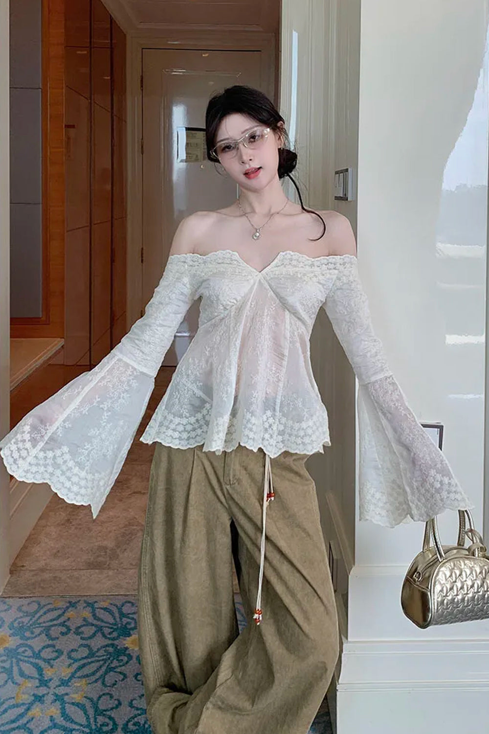 Sexy Flare Sleeve Floral Embroidered Cropped Transparent Shirt