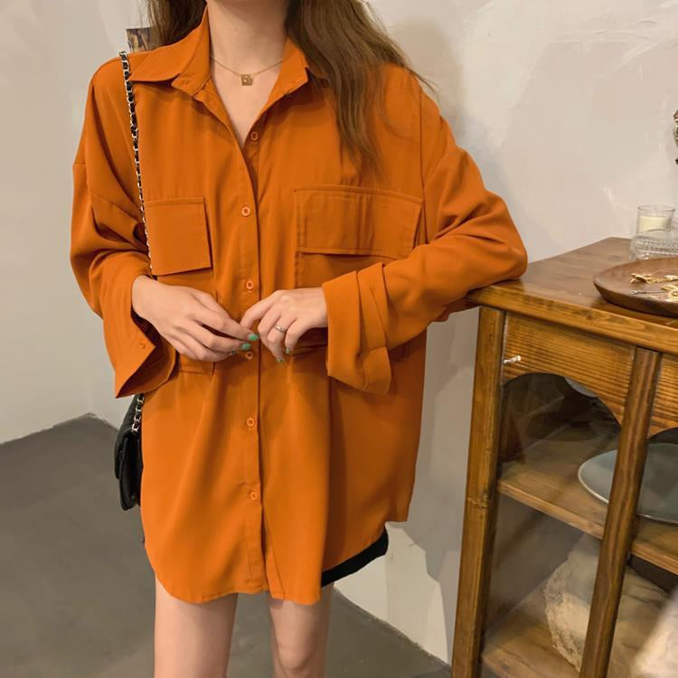 Long Sleeve Double Pockets Retro Blouse Shirts