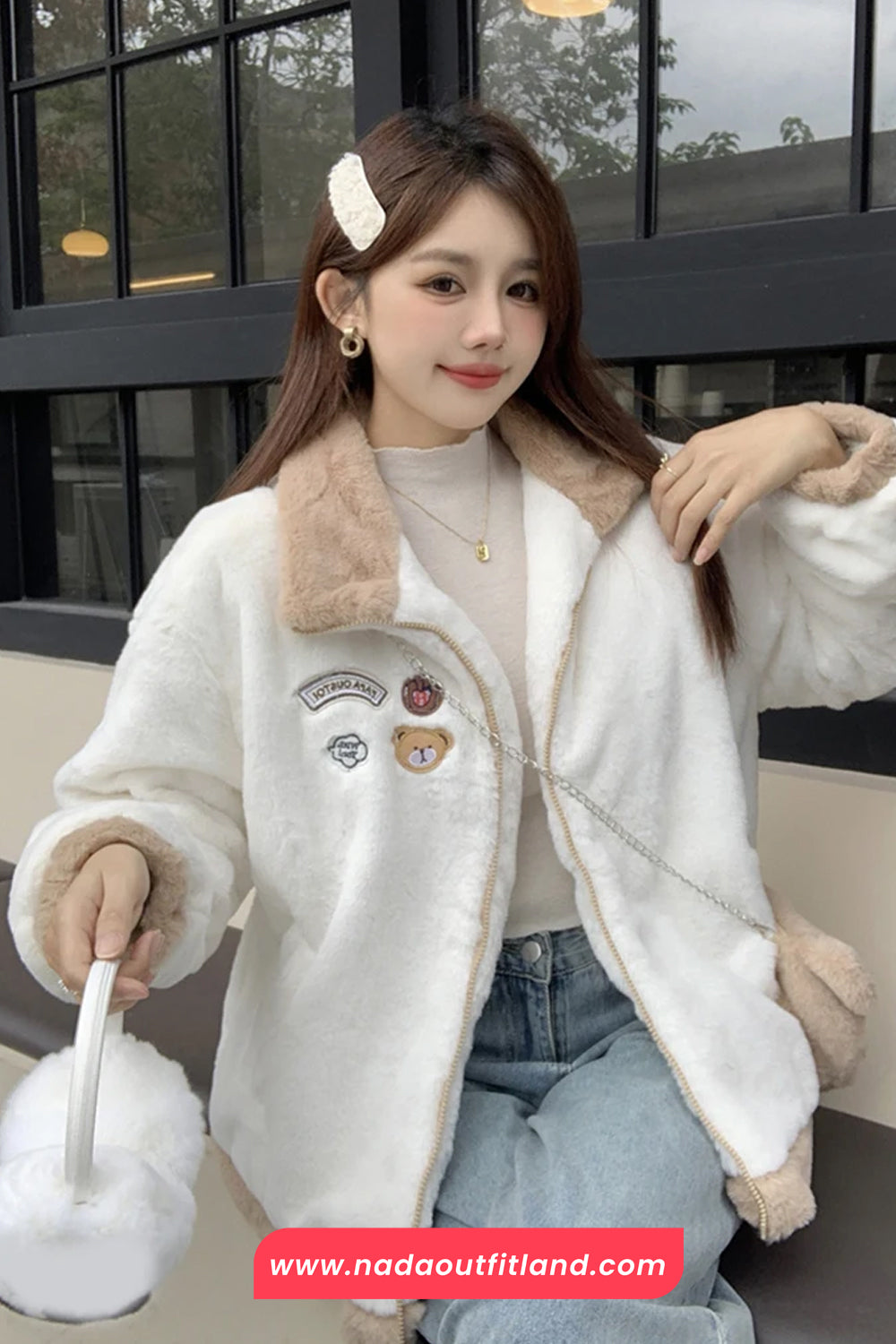 Loose Stand Neck Cute Bear Embroidered Zipper Jacket