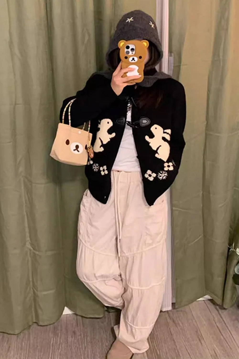 Long Sleeve Cute Rabbit Pattern Knitted Cardigan Sweater