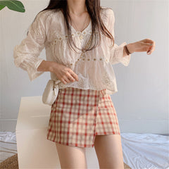 V-Neck Flower Hollow Out Loose Blouse Shirt