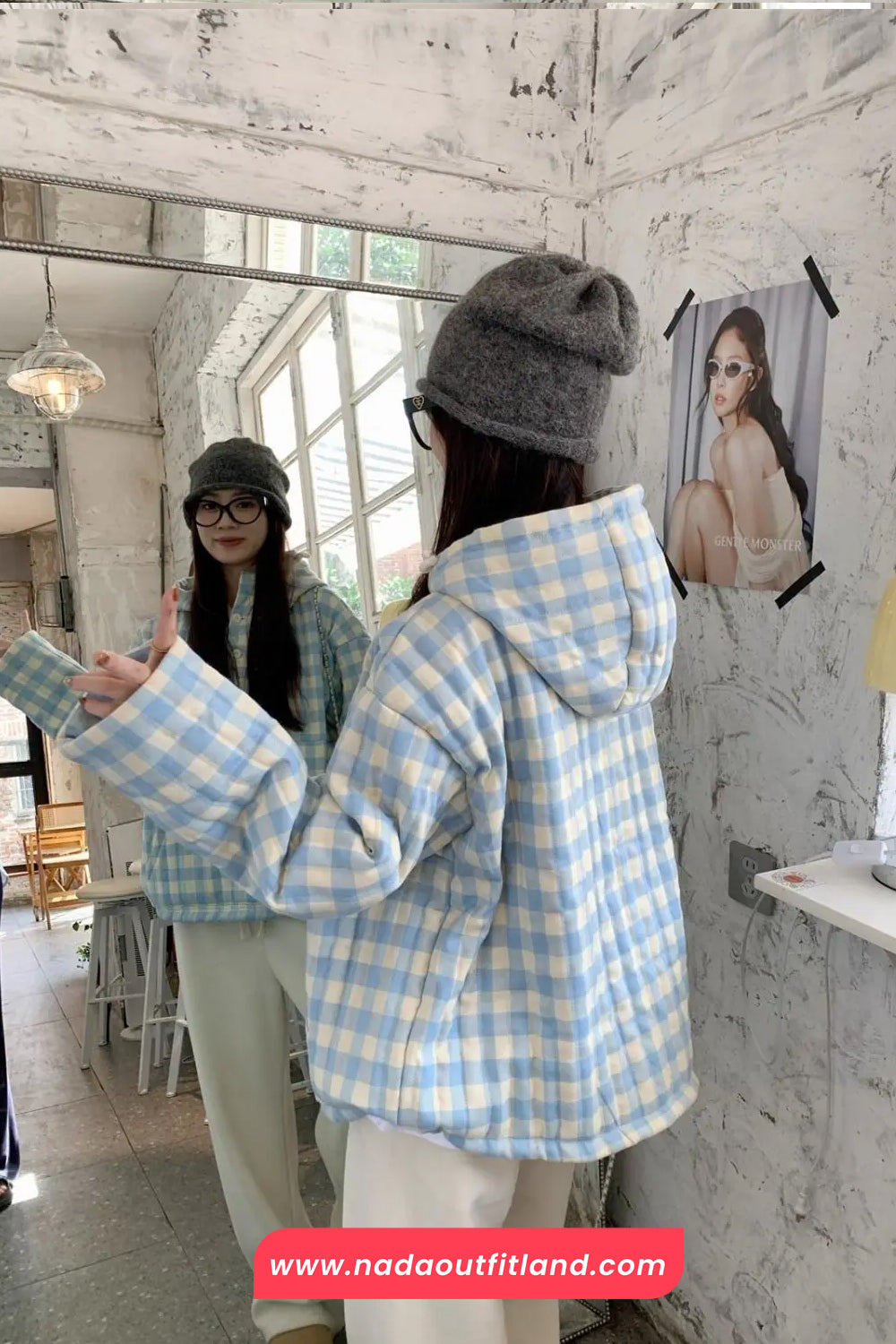 Long Sleeve Blue Plaid Hooded Puffer Coat Jacket