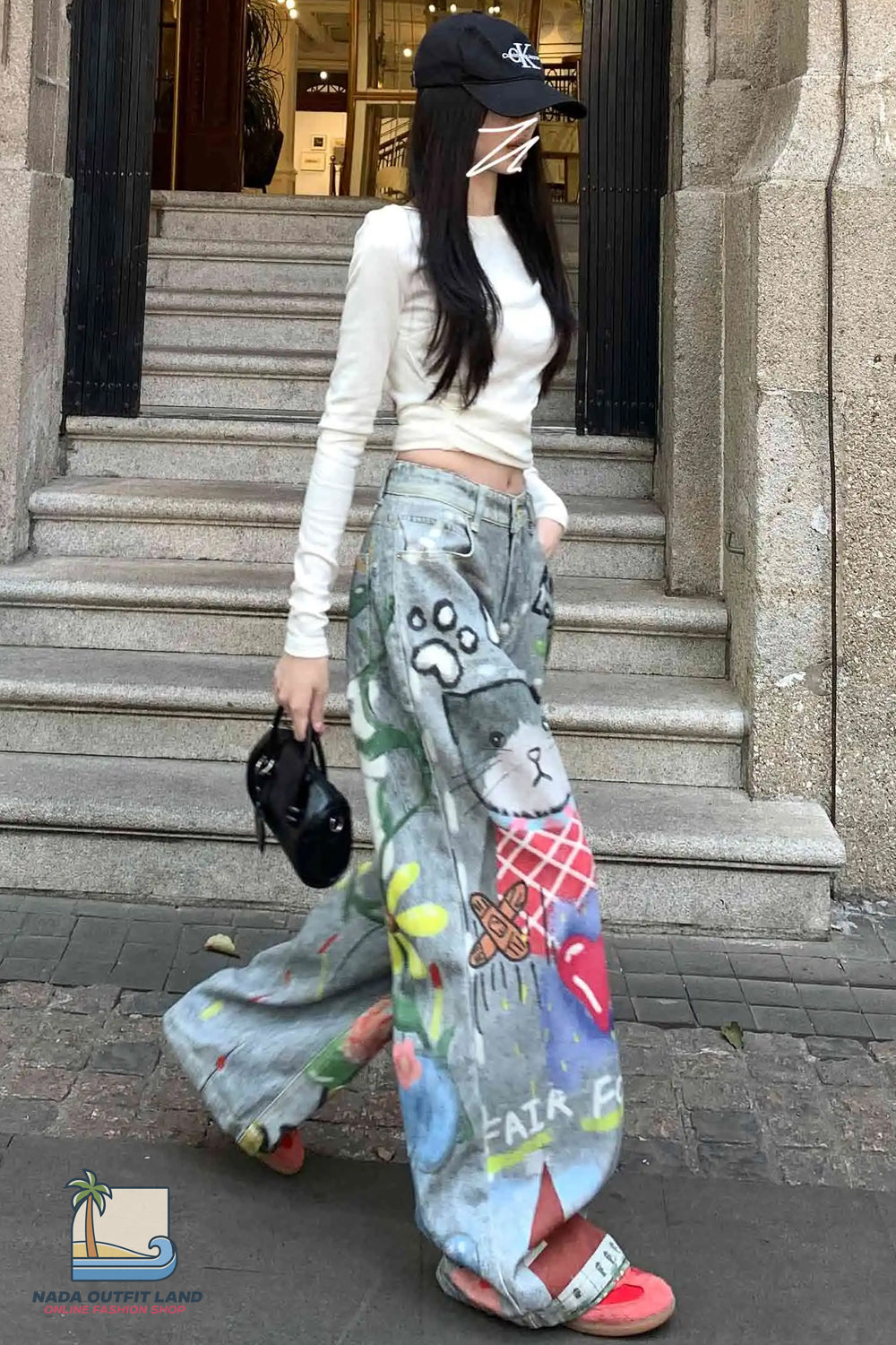 Loose Cute Doodle Animal Printed Jeans Pants
