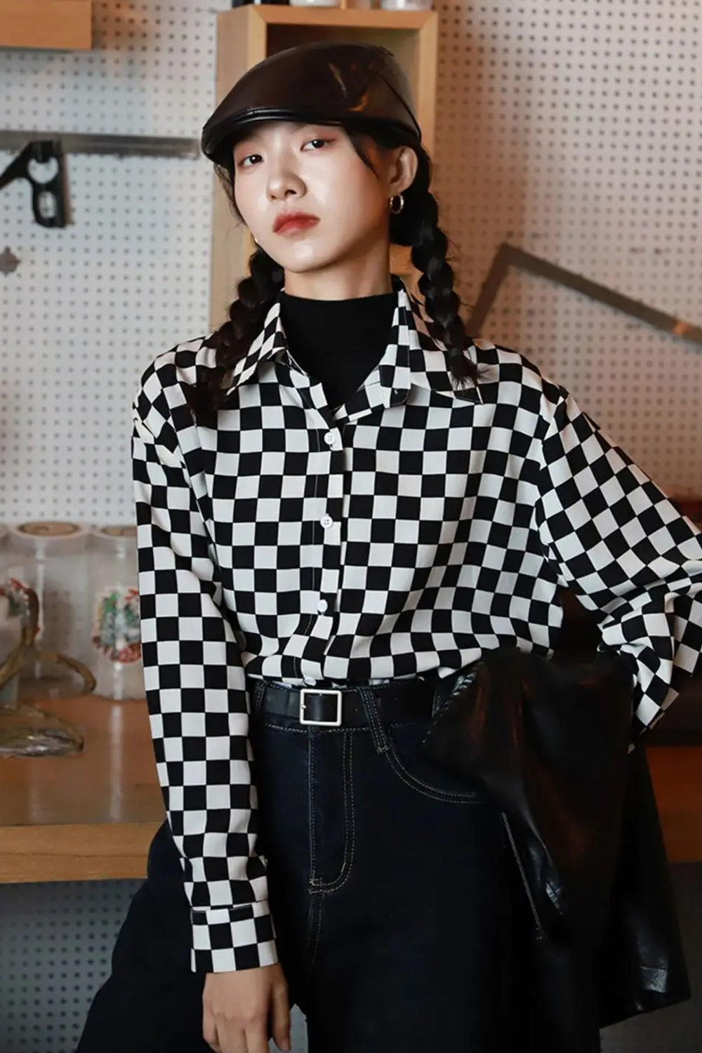 Long Sleeve Checkered Pattern Casual Blouse Shirt