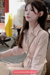 Long Sleeve Lace Patchwork Pink Blouse Shirt