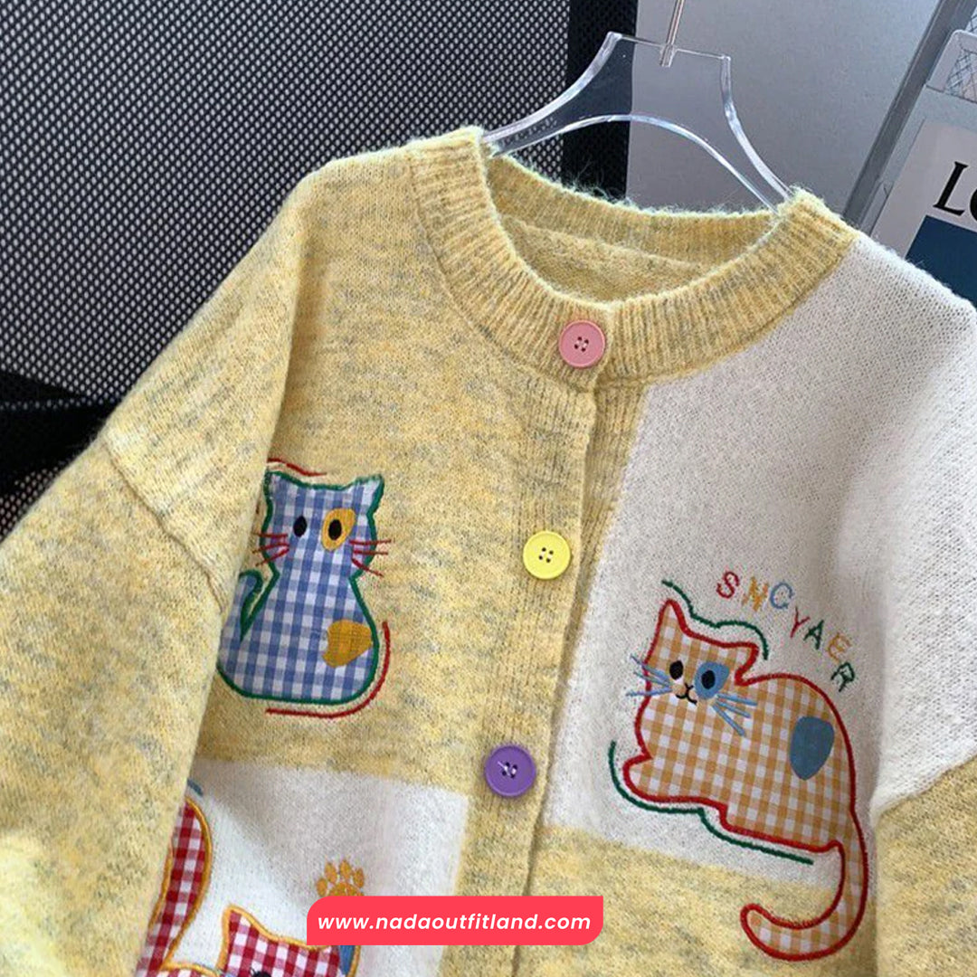 Long Sleeve Cat Embroidered Colorful Button Cardigan Sweater