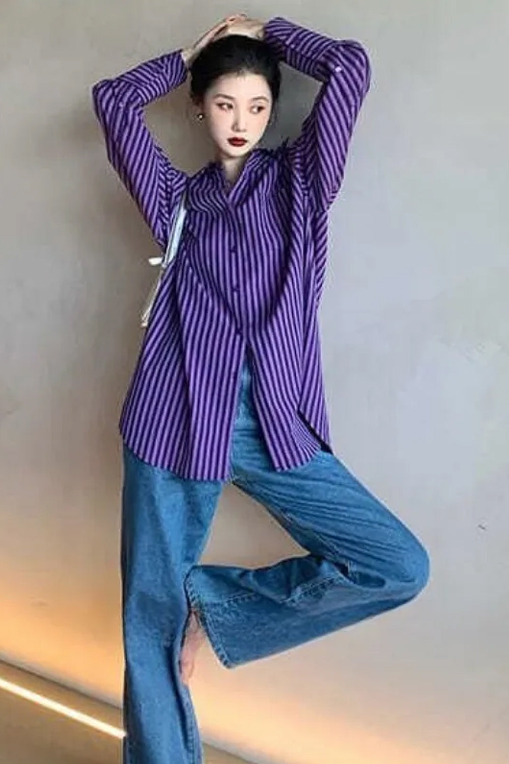 Long Sleeve Retro Purple Striped Casual Blouse Shirt