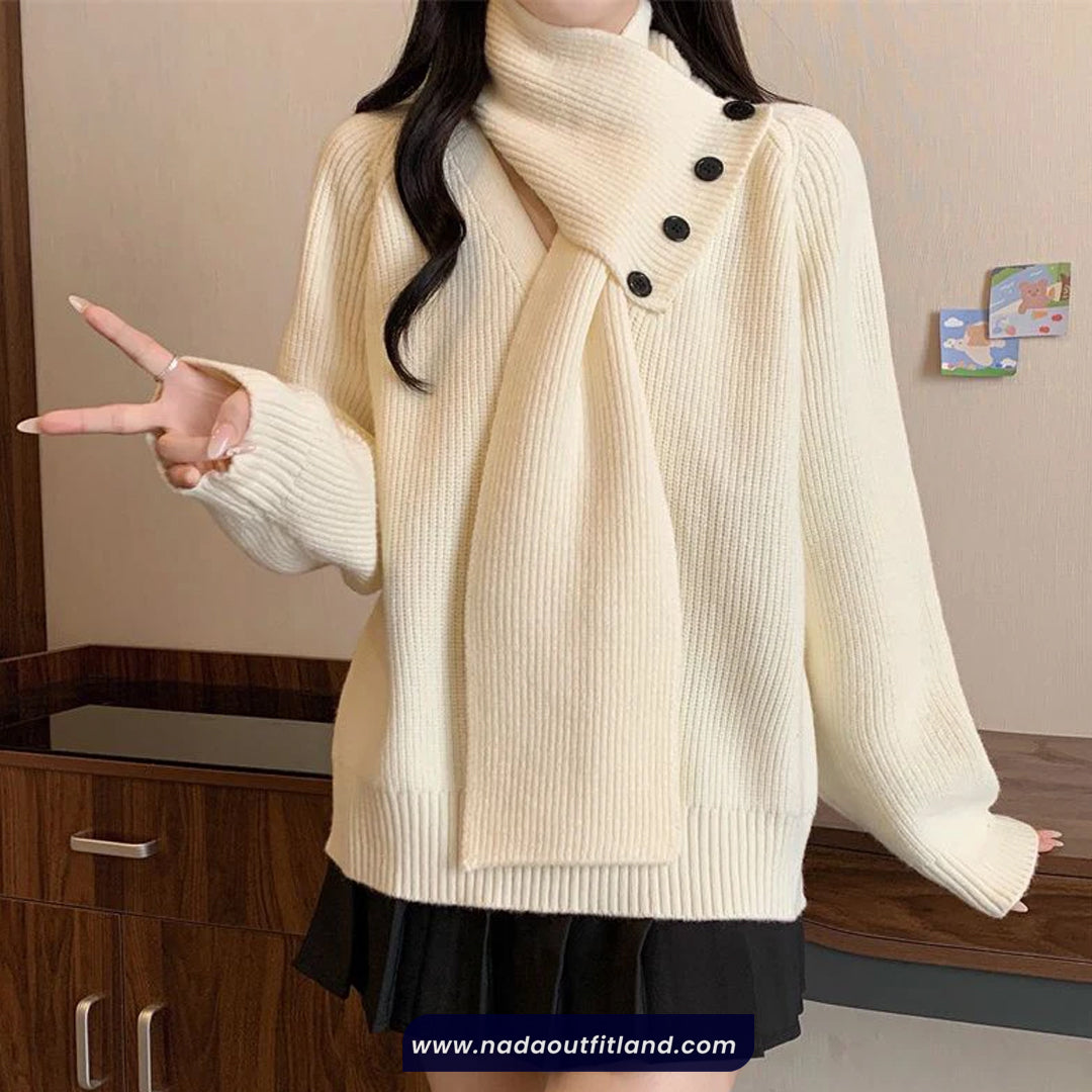 Loose Removable Scarf Knitted Sweater