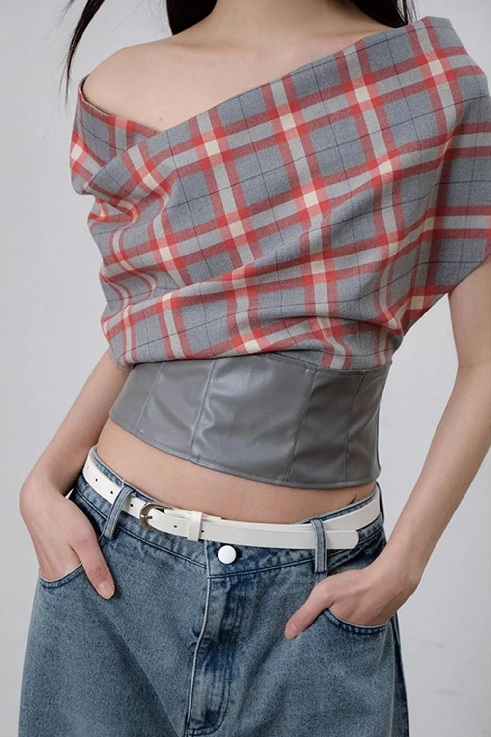 Sexy Plaid Patchwork Backless Leather Crop Tops