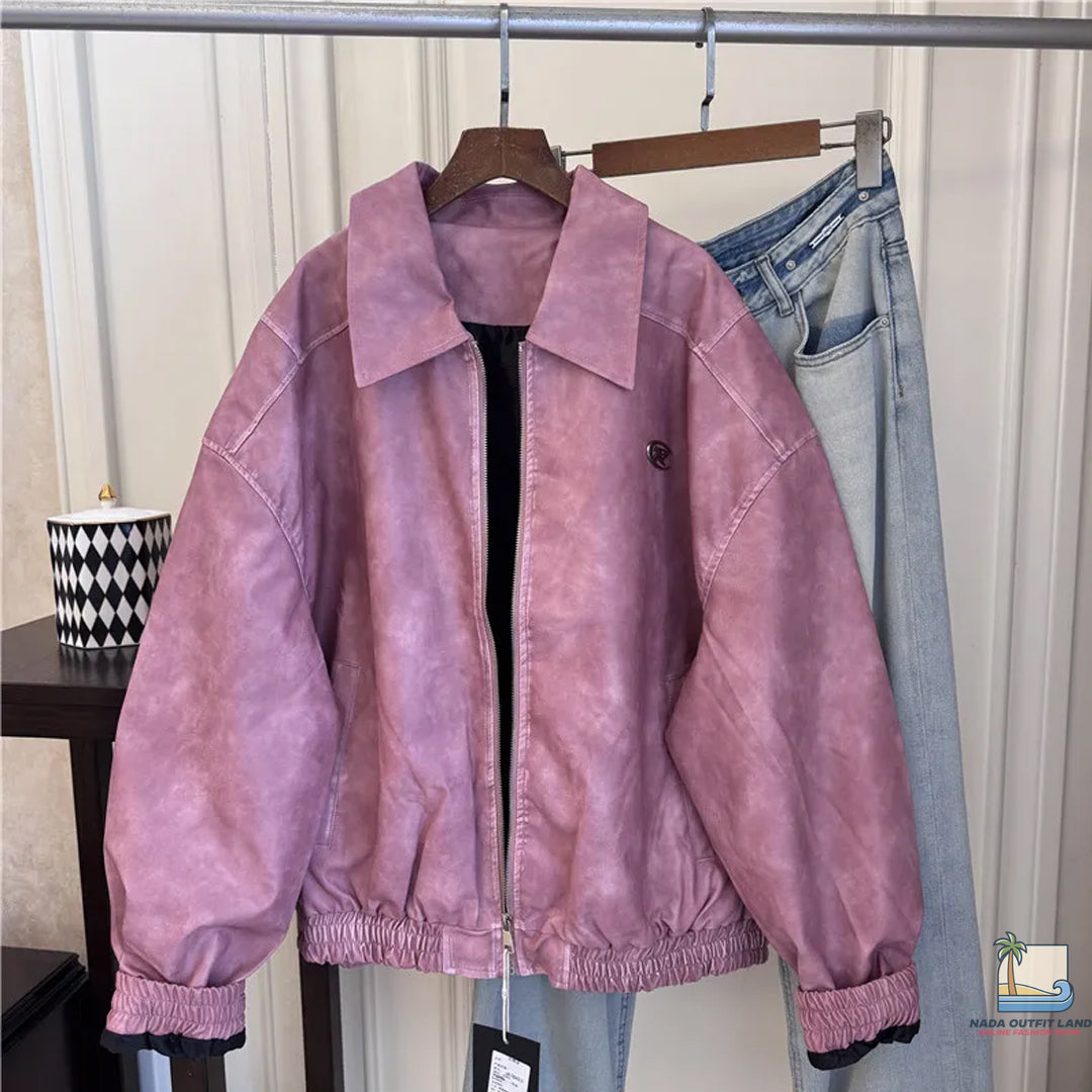 Loose Lapel Collar Pink Matte Zipper Jacket