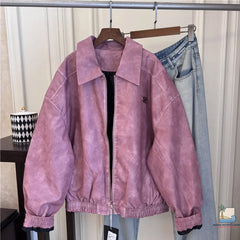 Loose Lapel Collar Pink Matte Zipper Jacket