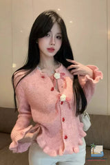 Long Sleeve Cute Bow Heart Button Cardigan Knitted Sweater