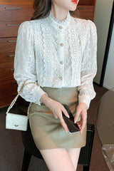 Long Sleeve Stand Neck Lace Blouse Shirt