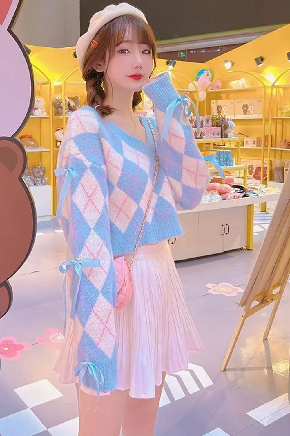 Long Sleeve Blue Argyle Pattern Cropped Bow Sweater