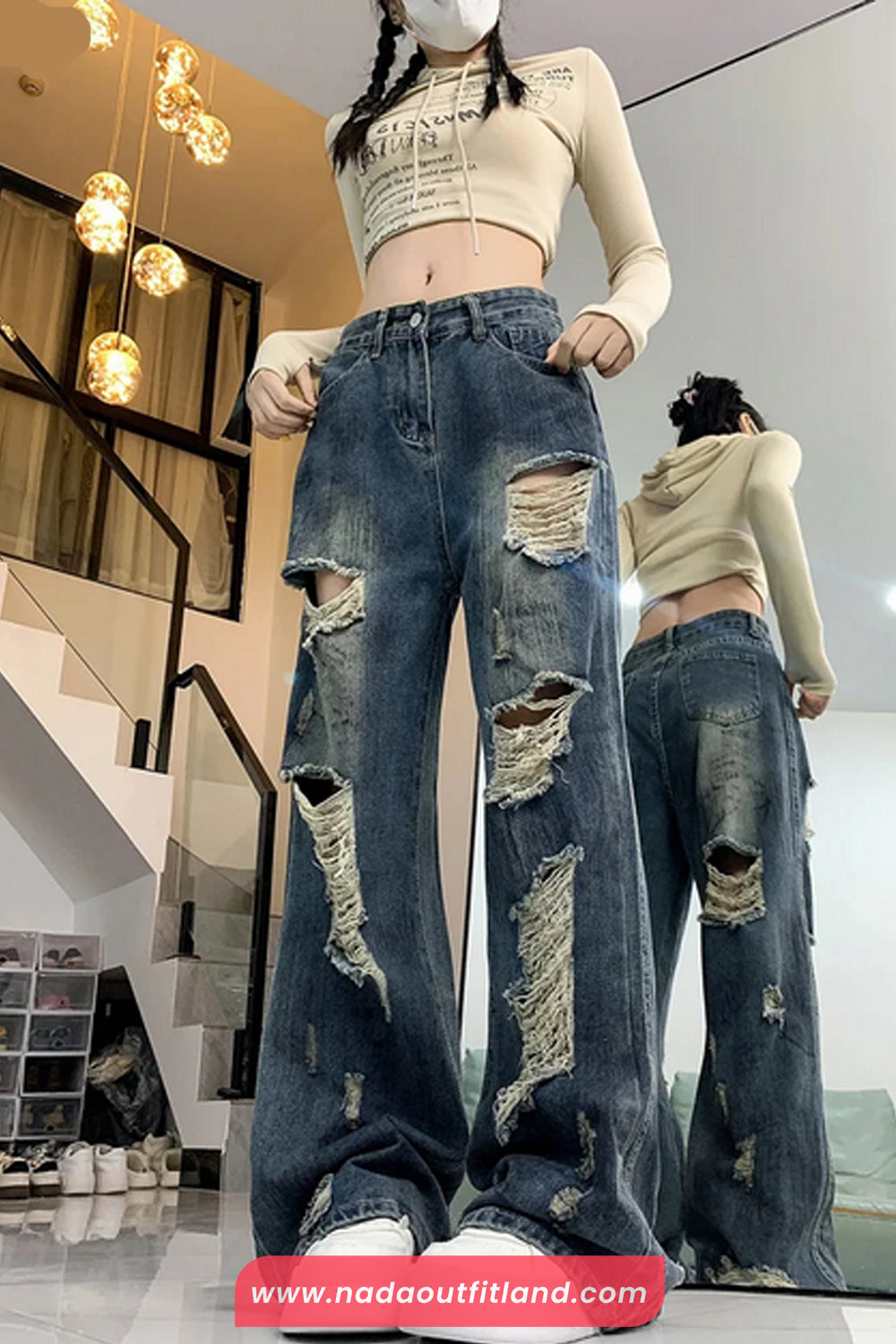 High Waist Hole Ripped Women Jeans Pants