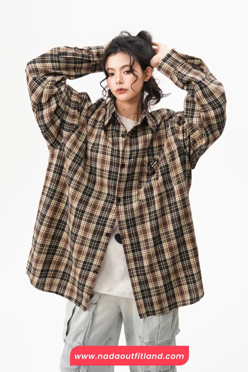 Loose Long Sleeve Retro Plaid Pattern Blouse Shirt