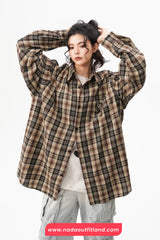 Loose Long Sleeve Retro Plaid Pattern Blouse Shirt