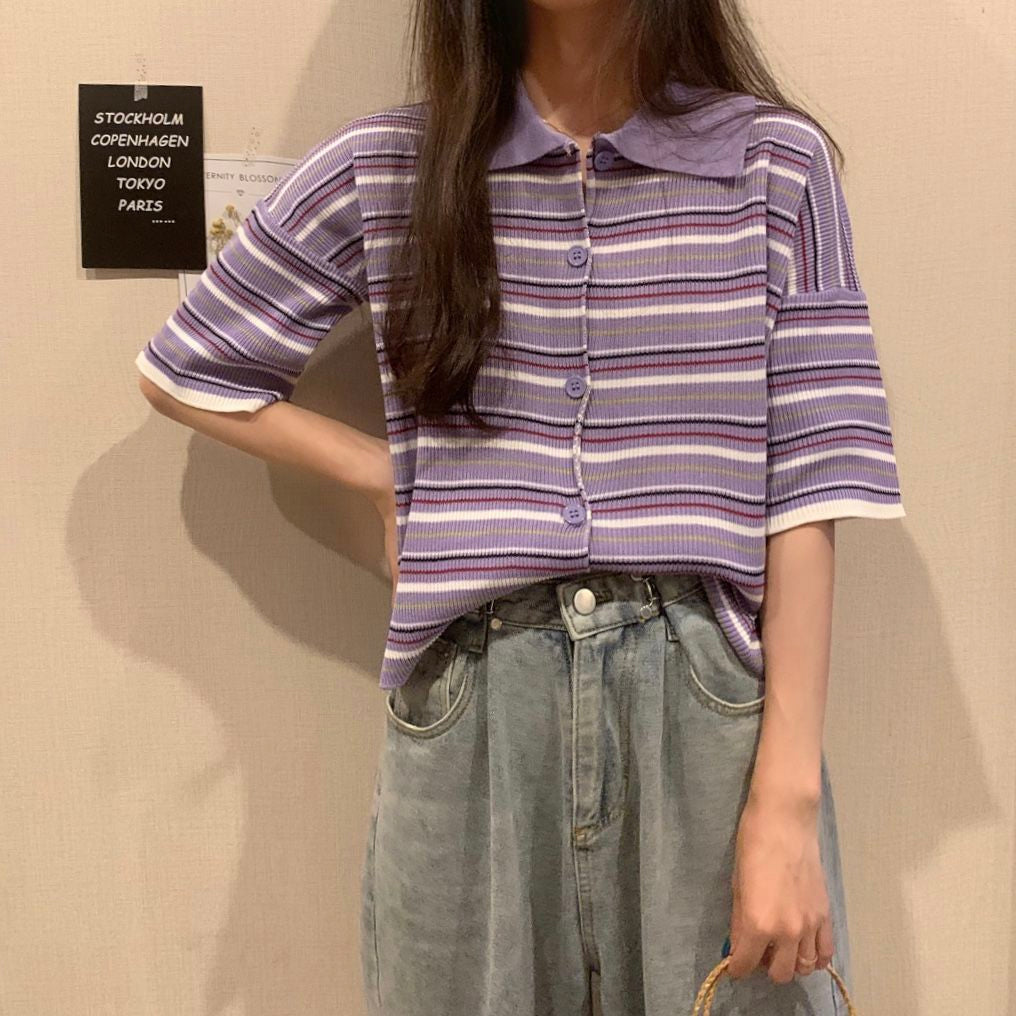 Loose Turn Down Knitted Striped Shirt