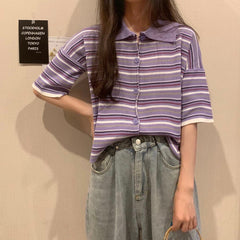 Loose Turn Down Knitted Striped Shirt