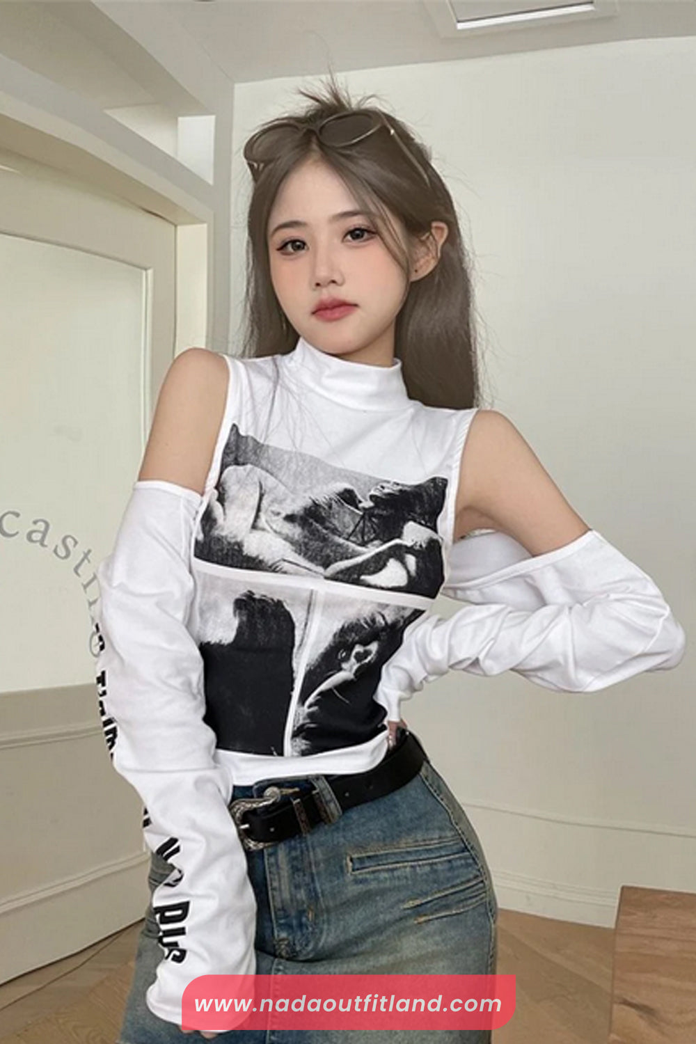 Long Sleeve Off Shoulder Printed Turtleneck Shirts