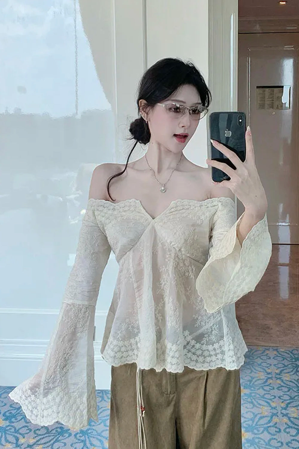 Sexy Flare Sleeve Floral Embroidered Cropped Transparent Shirt