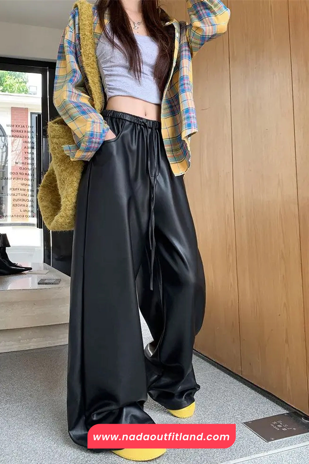 High Waist Loose Elastic Black Leather Women Pants